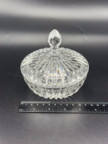 Vintage Crystal Lidded Dish with Diamond Finial, Cut Glass Vanity Dish with Radiating Vertical Cuts and Domed Lid