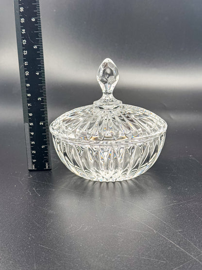 Vintage Crystal Lidded Dish with Diamond Finial, Cut Glass Vanity Dish with Radiating Vertical Cuts and Domed Lid