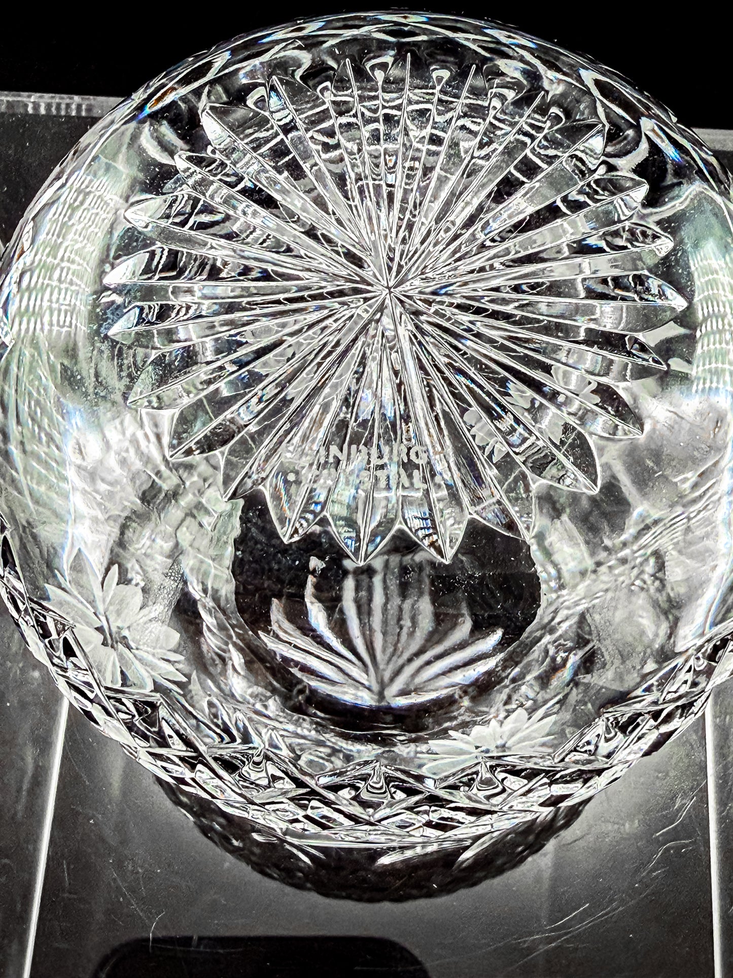 Vintage Edinburgh Crystal Rose Bowl with Daisy Engraving and Diamond Cut Pattern