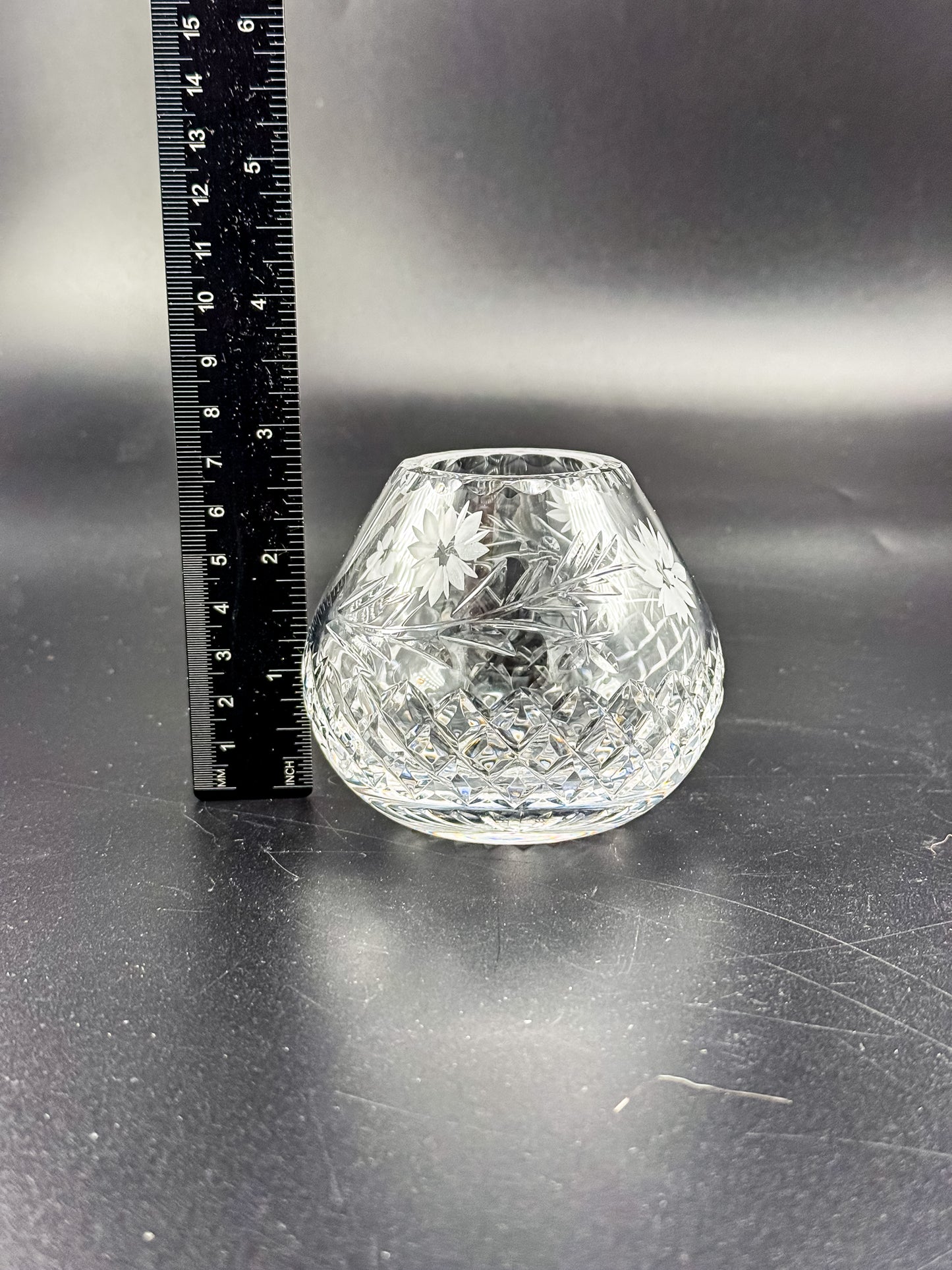 Vintage Edinburgh Crystal Rose Bowl with Daisy Engraving and Diamond Cut Pattern