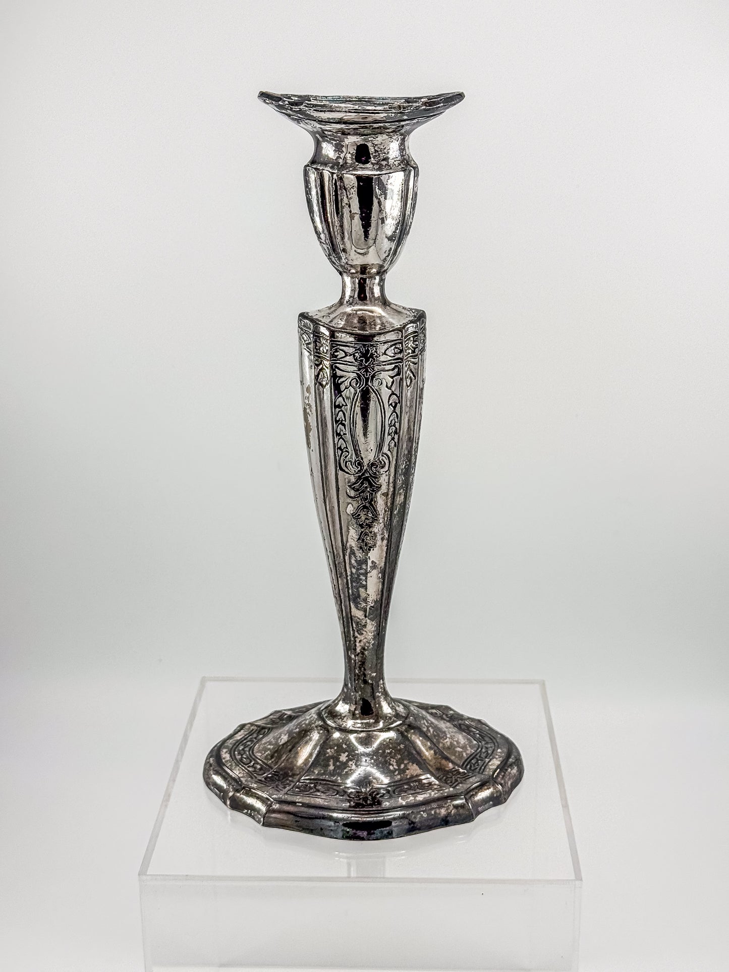 Vintage Silver Plated Candlestick Holder Ornate Scrollwork Edwardian Style Heavy Tapered Column