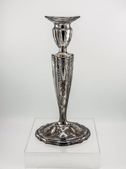 Vintage Silver Plated Candlestick Holder Ornate Scrollwork Edwardian Style Heavy Tapered Column