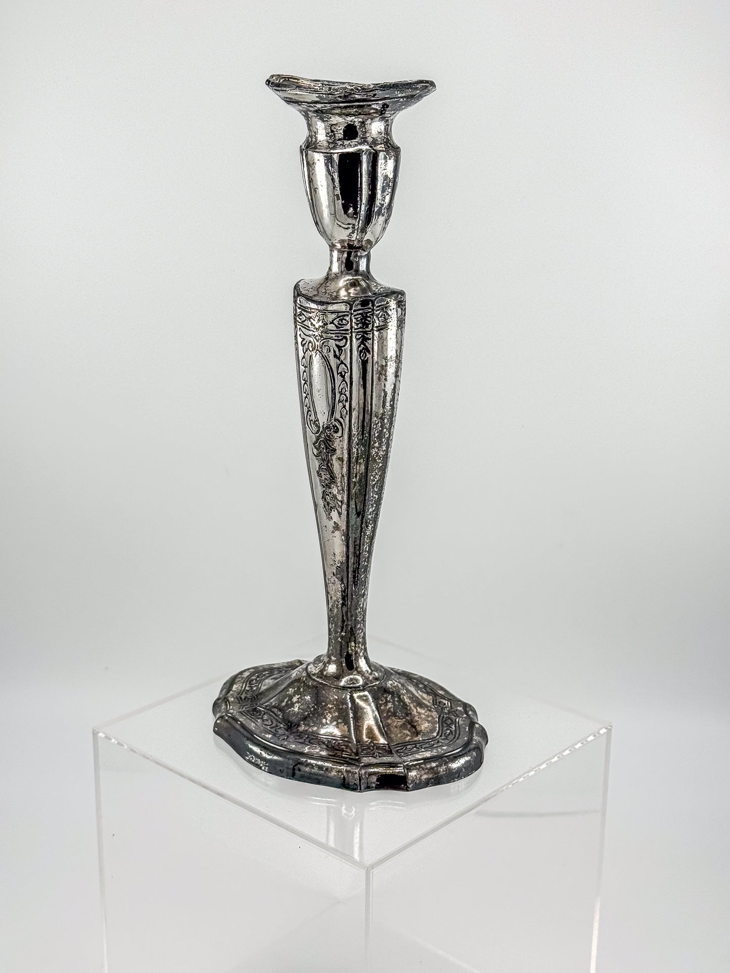 Vintage Silver Plated Candlestick Holder Ornate Scrollwork Edwardian Style Heavy Tapered Column