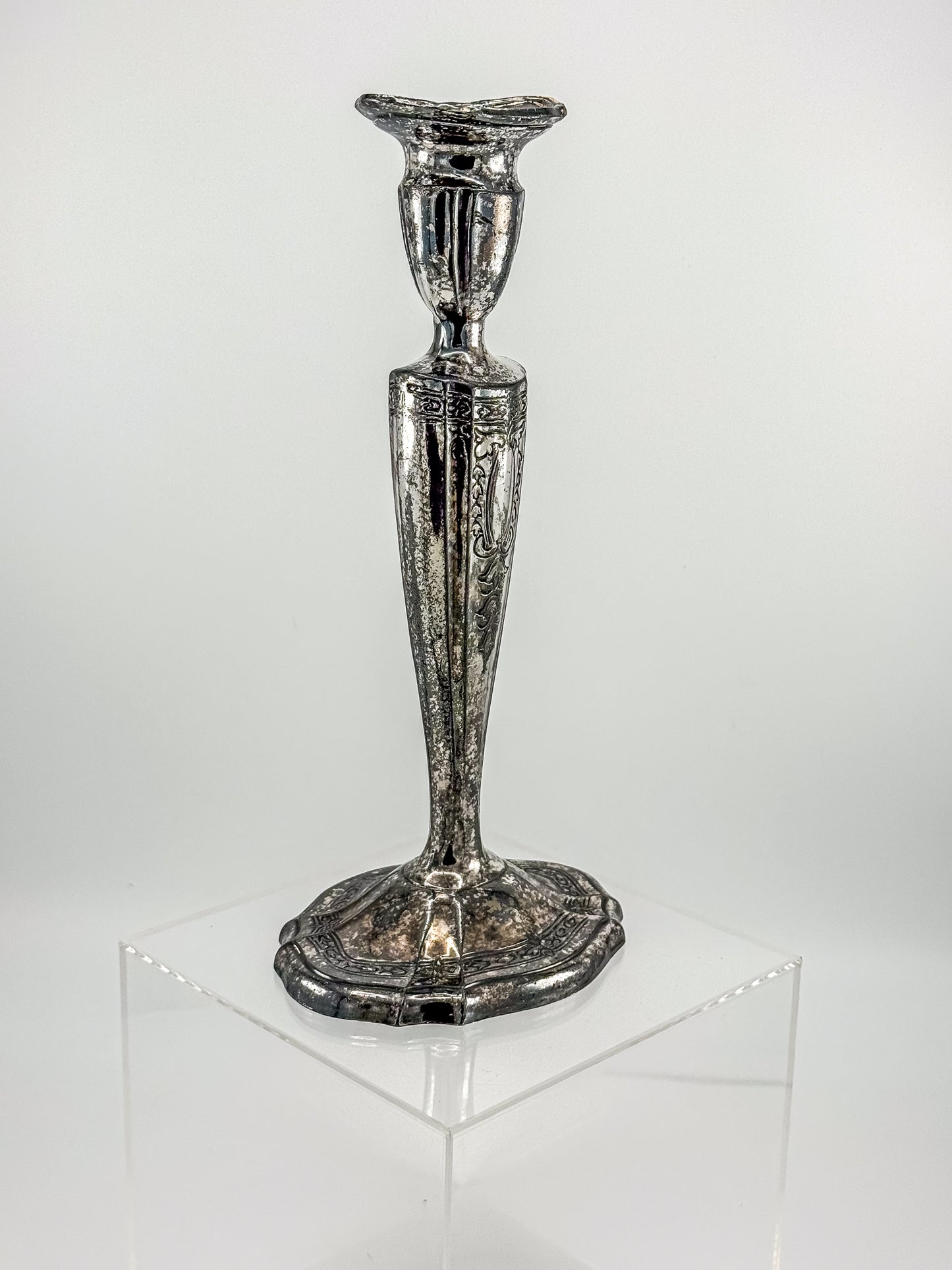 Vintage Silver Plated Candlestick Holder Ornate Scrollwork Edwardian Style Heavy Tapered Column