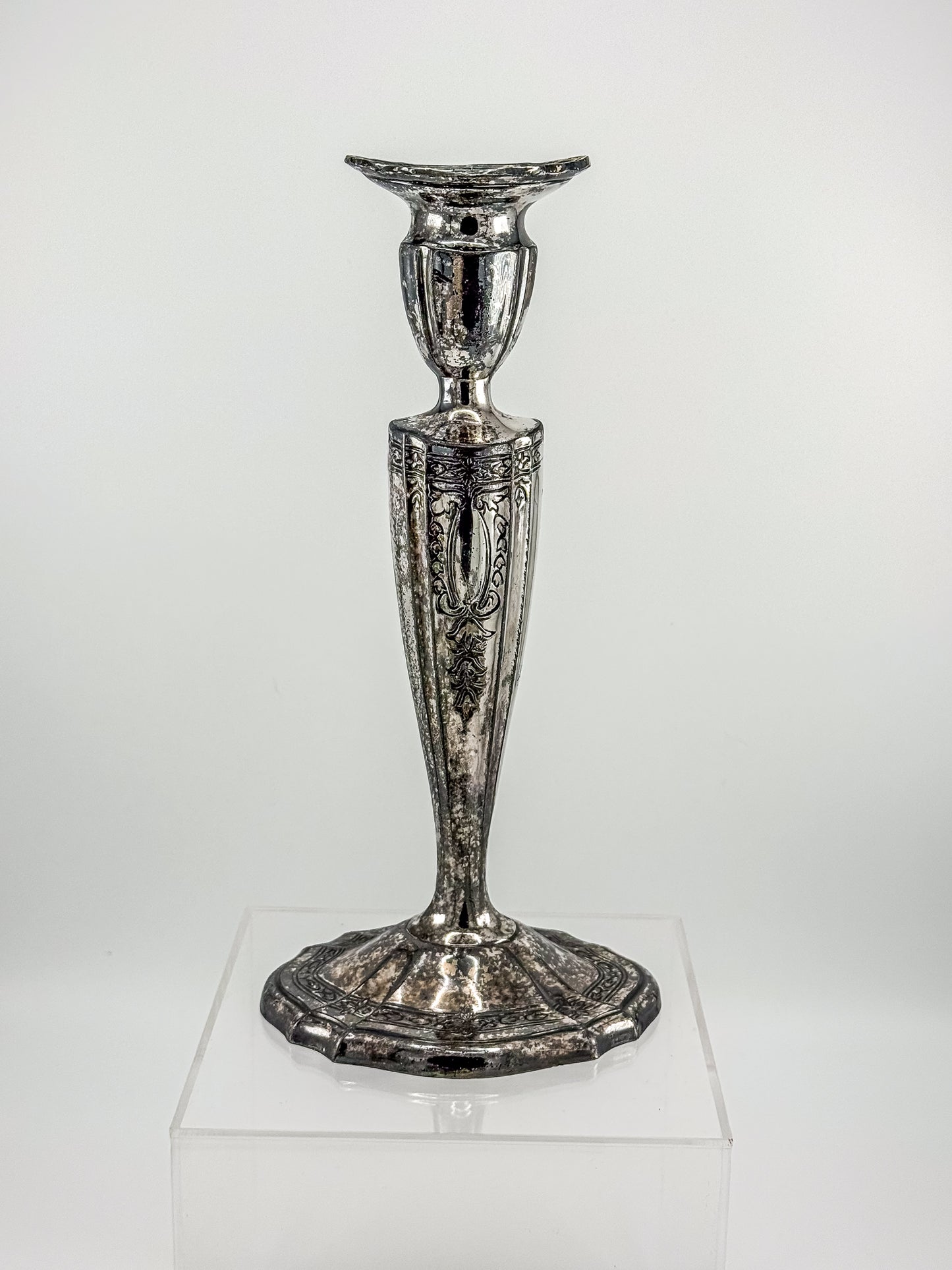 Vintage Silver Plated Candlestick Holder Ornate Scrollwork Edwardian Style Heavy Tapered Column