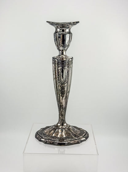 Vintage Silver Plated Candlestick Holder Ornate Scrollwork Edwardian Style Heavy Tapered Column