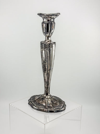 Vintage Silver Plated Candlestick Holder Ornate Scrollwork Edwardian Style Heavy Tapered Column