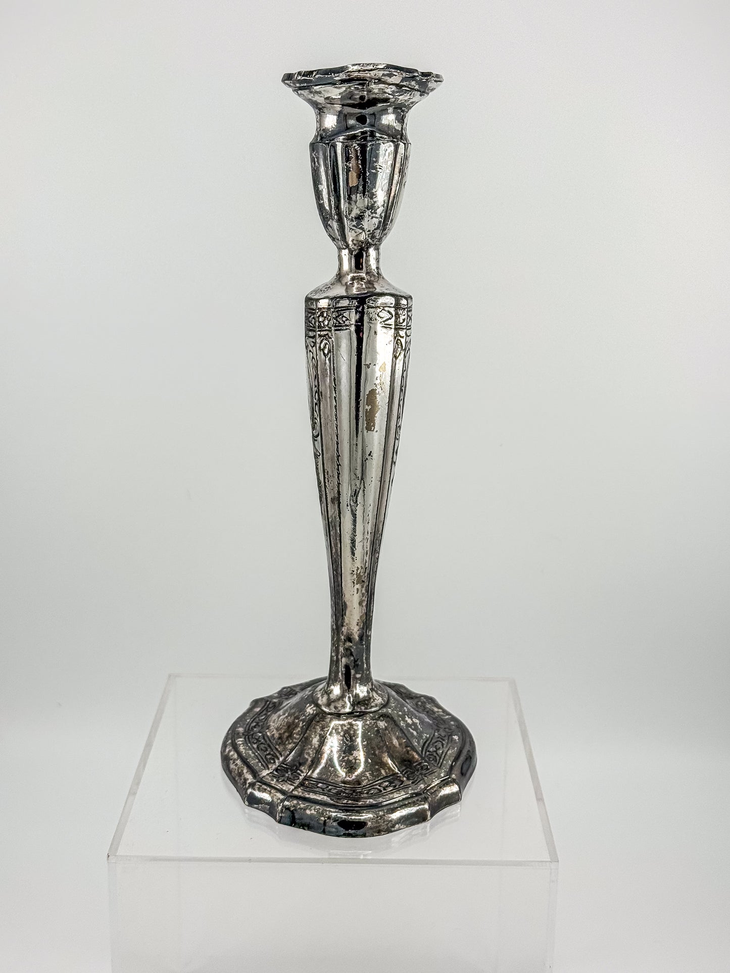 Vintage Silver Plated Candlestick Holder Ornate Scrollwork Edwardian Style Heavy Tapered Column