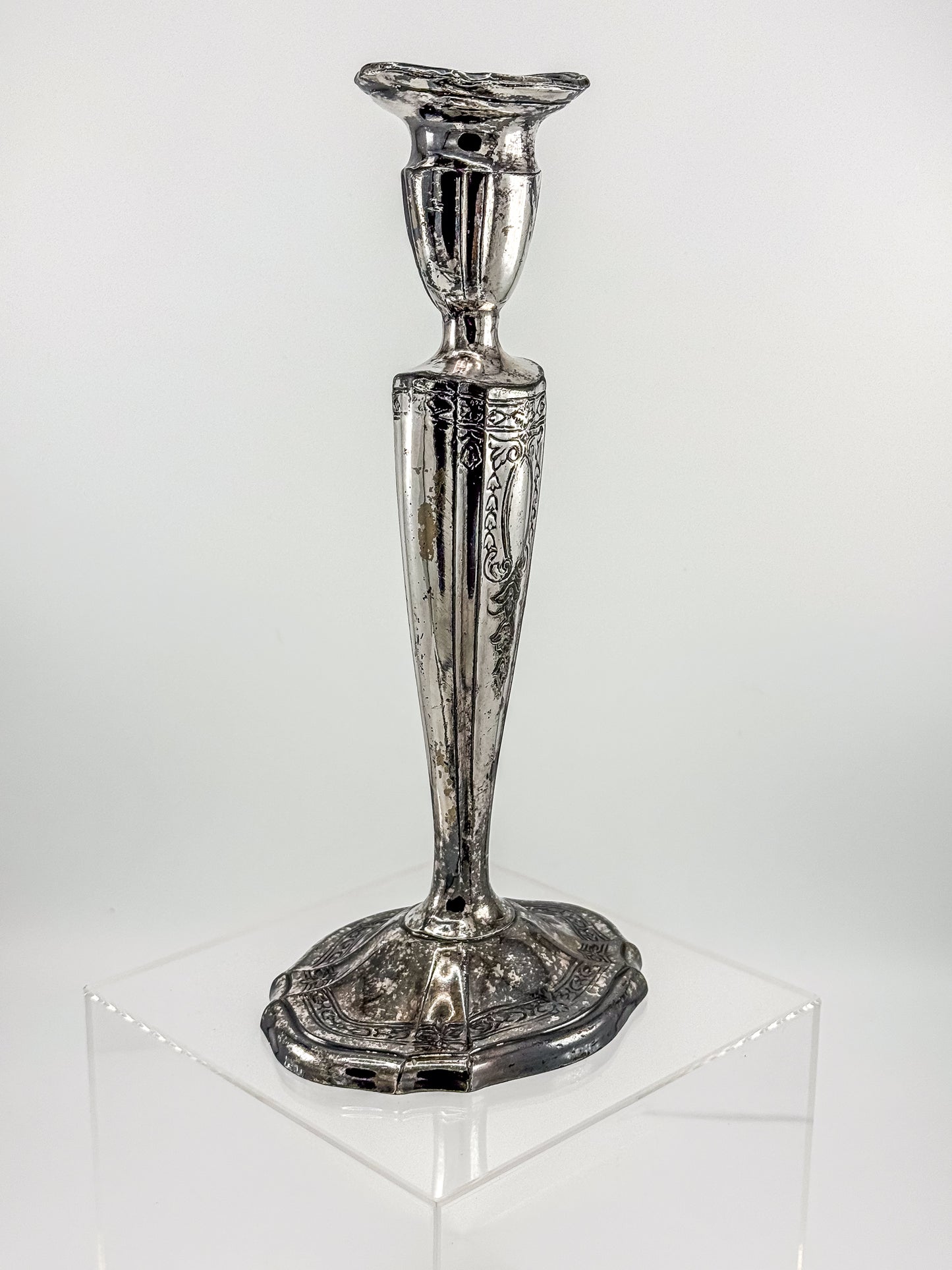 Vintage Silver Plated Candlestick Holder Ornate Scrollwork Edwardian Style Heavy Tapered Column