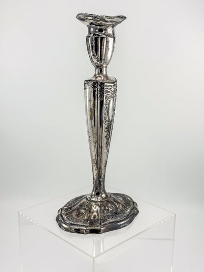 Vintage Silver Plated Candlestick Holder Ornate Scrollwork Edwardian Style Heavy Tapered Column