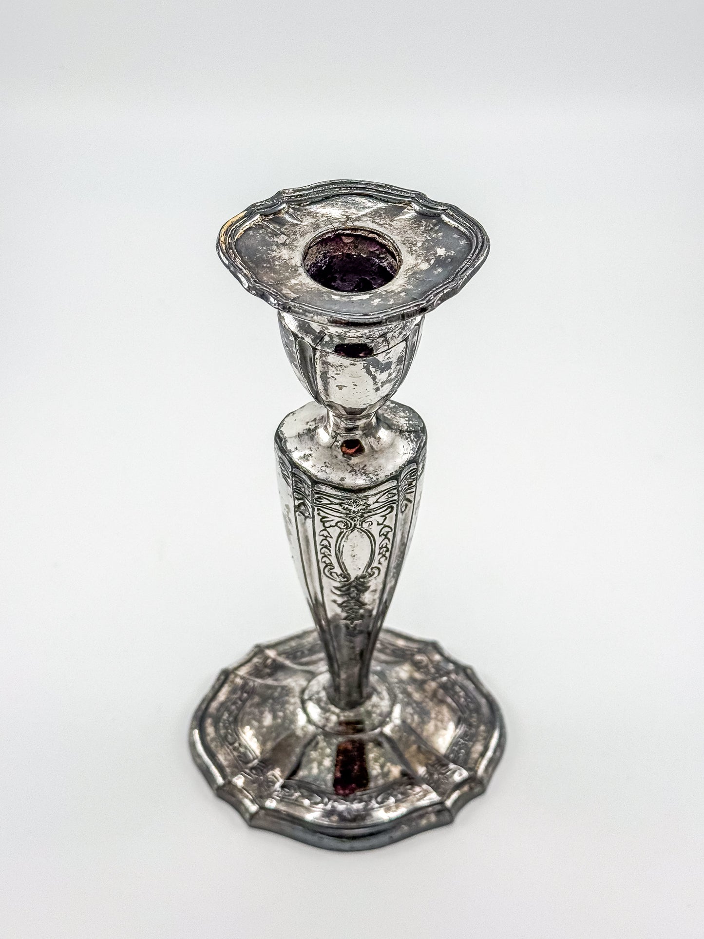 Vintage Silver Plated Candlestick Holder Ornate Scrollwork Edwardian Style Heavy Tapered Column