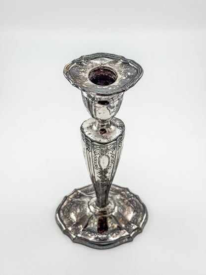 Vintage Silver Plated Candlestick Holder Ornate Scrollwork Edwardian Style Heavy Tapered Column