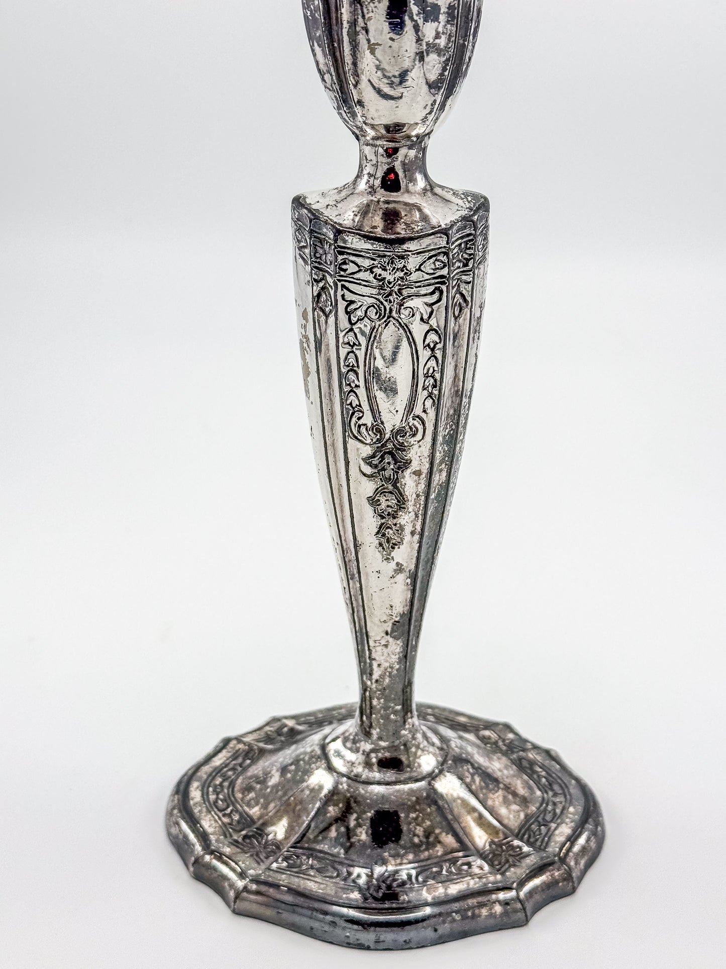 Vintage Silver Plated Candlestick Holder Ornate Scrollwork Edwardian Style Heavy Tapered Column