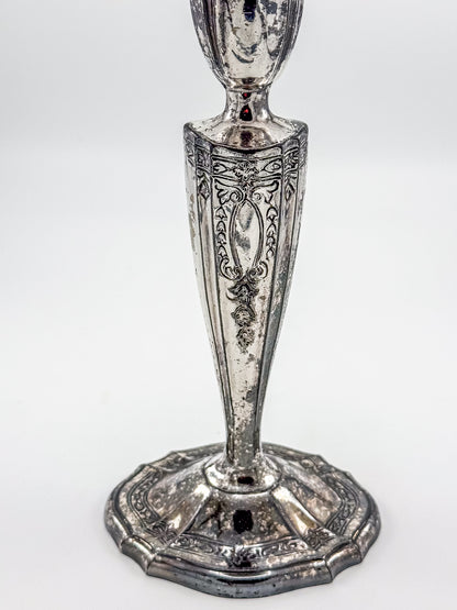 Vintage Silver Plated Candlestick Holder Ornate Scrollwork Edwardian Style Heavy Tapered Column