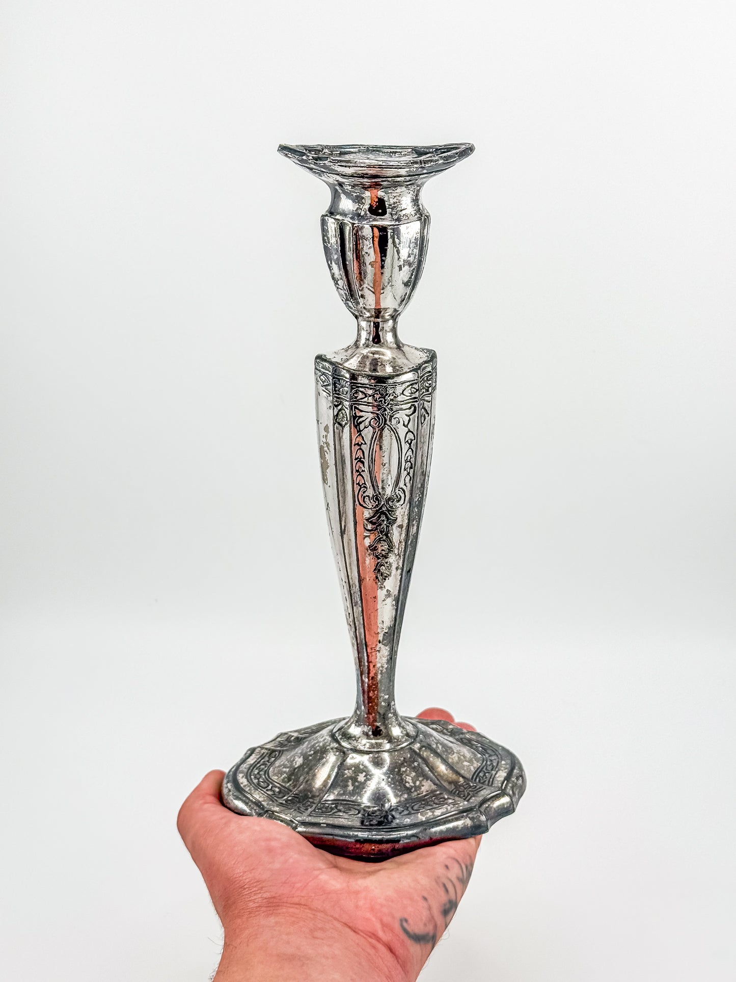 Vintage Silver Plated Candlestick Holder Ornate Scrollwork Edwardian Style Heavy Tapered Column