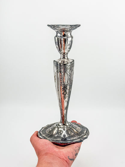Vintage Silver Plated Candlestick Holder Ornate Scrollwork Edwardian Style Heavy Tapered Column