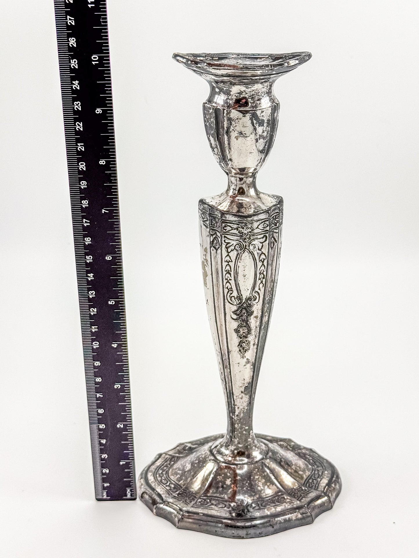 Vintage Silver Plated Candlestick Holder Ornate Scrollwork Edwardian Style Heavy Tapered Column