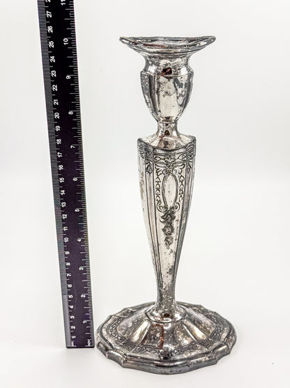 Vintage Silver Plated Candlestick Holder Ornate Scrollwork Edwardian Style Heavy Tapered Column
