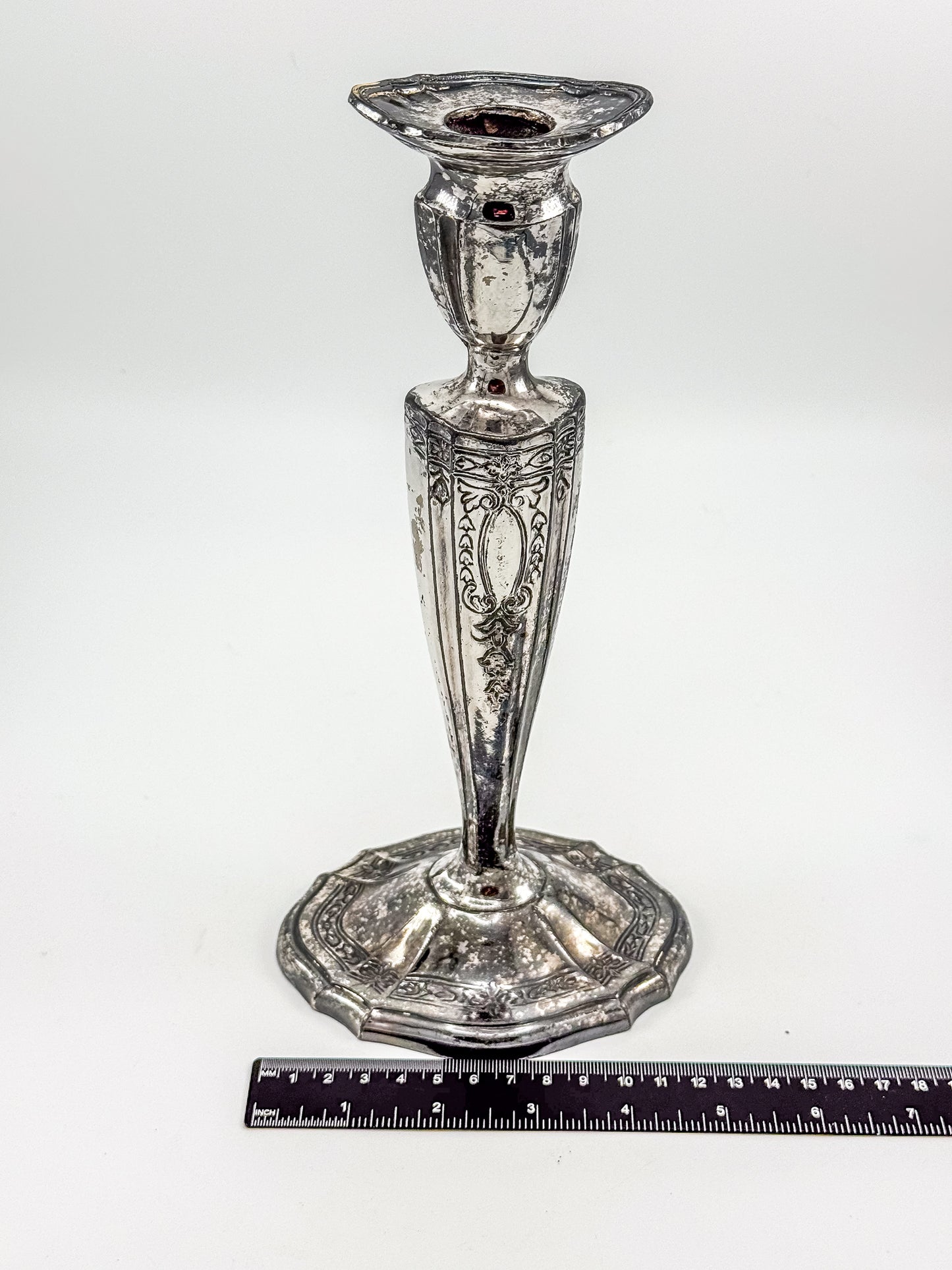 Vintage Silver Plated Candlestick Holder Ornate Scrollwork Edwardian Style Heavy Tapered Column