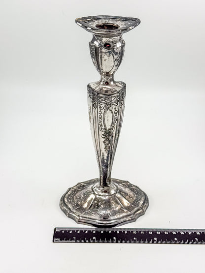 Vintage Silver Plated Candlestick Holder Ornate Scrollwork Edwardian Style Heavy Tapered Column