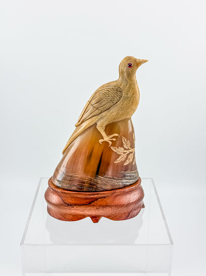 Vintage Hand-Carved Water Buffalo Horn Bird Sculpture on Wooden Base Red Eyes Folk Art