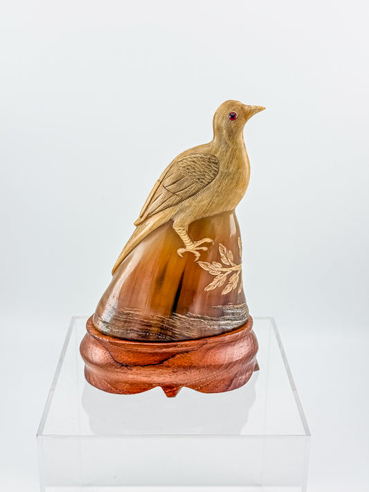 Vintage Hand-Carved Water Buffalo Horn Bird Sculpture on Wooden Base Red Eyes Folk Art