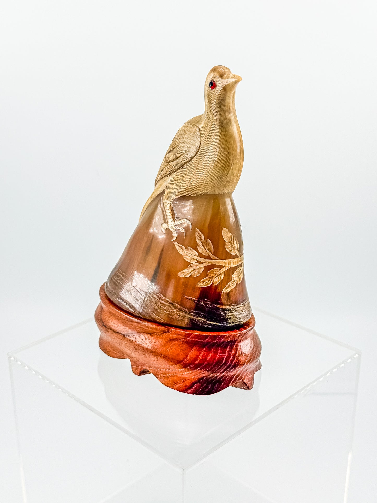 Vintage Hand-Carved Water Buffalo Horn Bird Sculpture on Wooden Base Red Eyes Folk Art