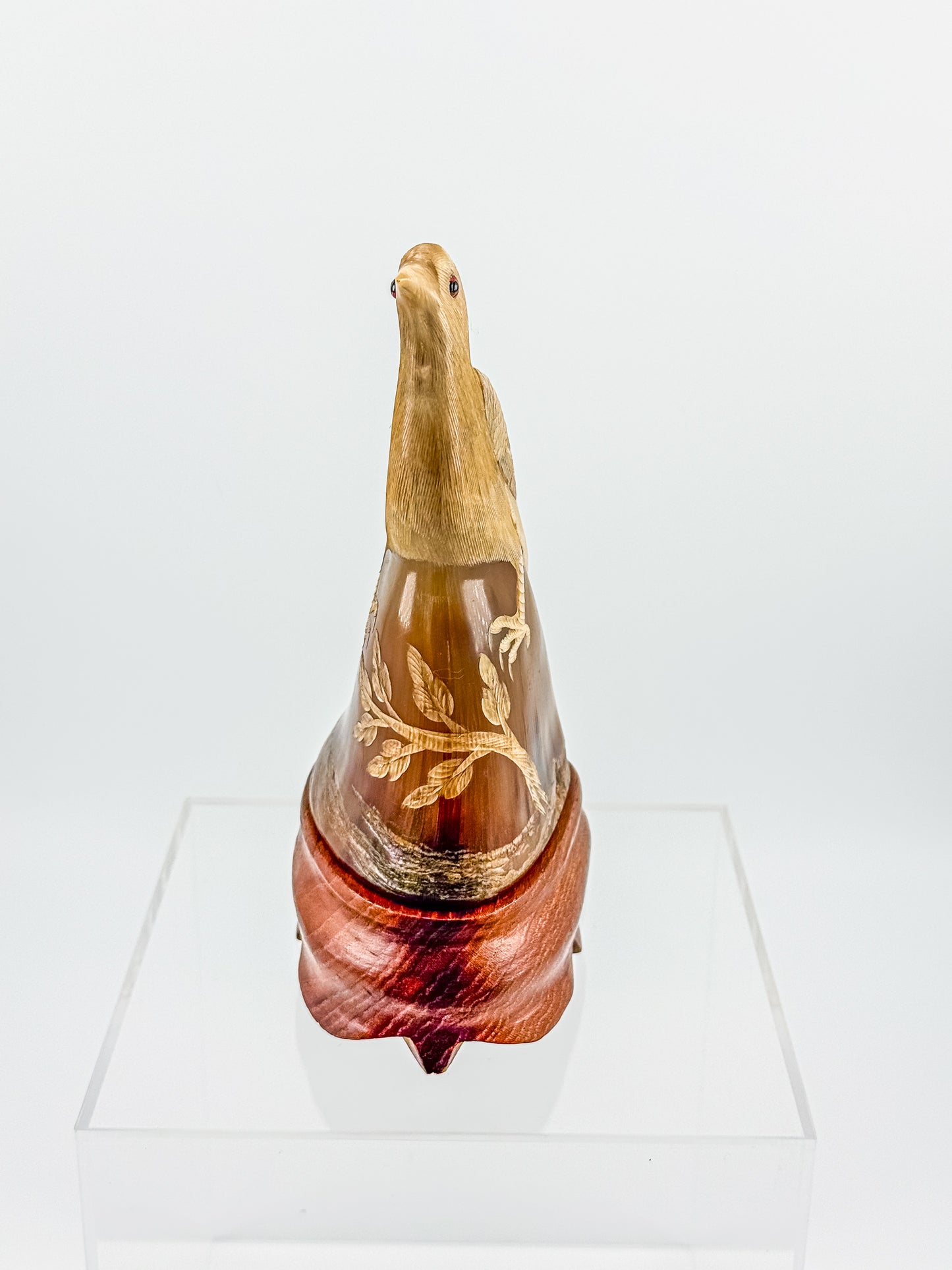 Vintage Hand-Carved Water Buffalo Horn Bird Sculpture on Wooden Base Red Eyes Folk Art