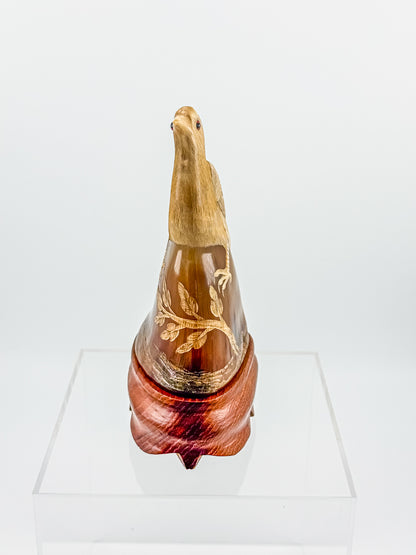Vintage Hand-Carved Water Buffalo Horn Bird Sculpture on Wooden Base Red Eyes Folk Art