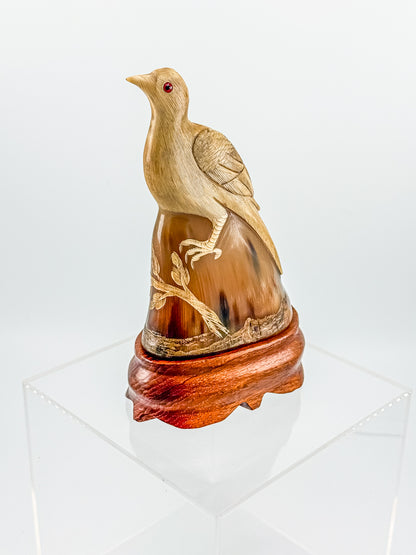 Vintage Hand-Carved Water Buffalo Horn Bird Sculpture on Wooden Base Red Eyes Folk Art