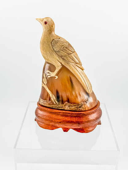 Vintage Hand-Carved Water Buffalo Horn Bird Sculpture on Wooden Base Red Eyes Folk Art