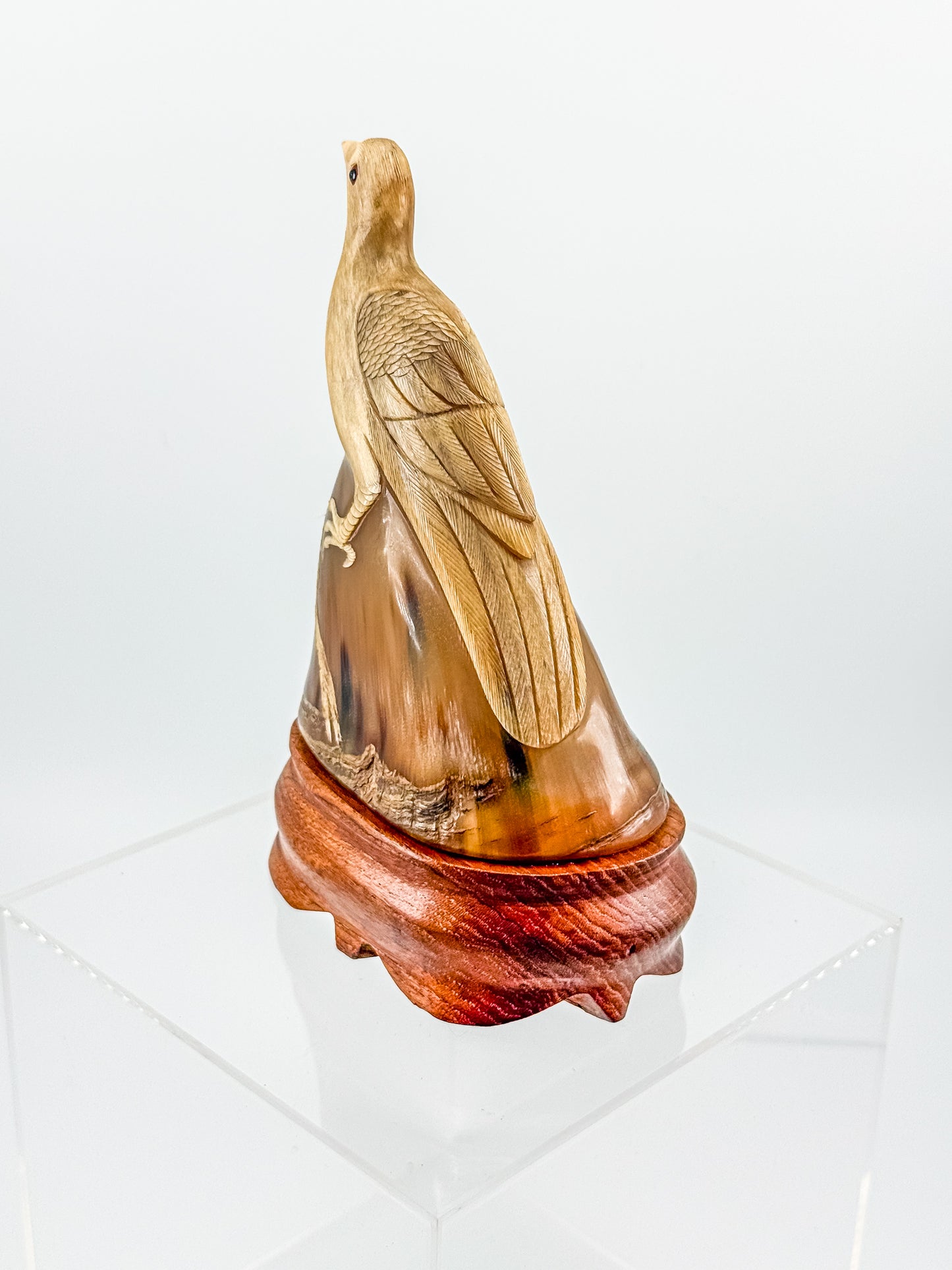Vintage Hand-Carved Water Buffalo Horn Bird Sculpture on Wooden Base Red Eyes Folk Art