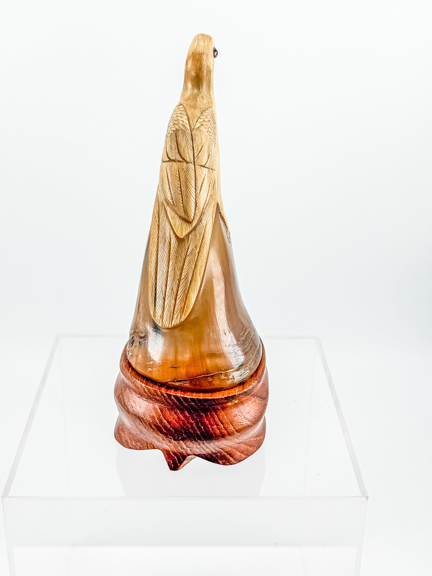 Vintage Hand-Carved Water Buffalo Horn Bird Sculpture on Wooden Base Red Eyes Folk Art