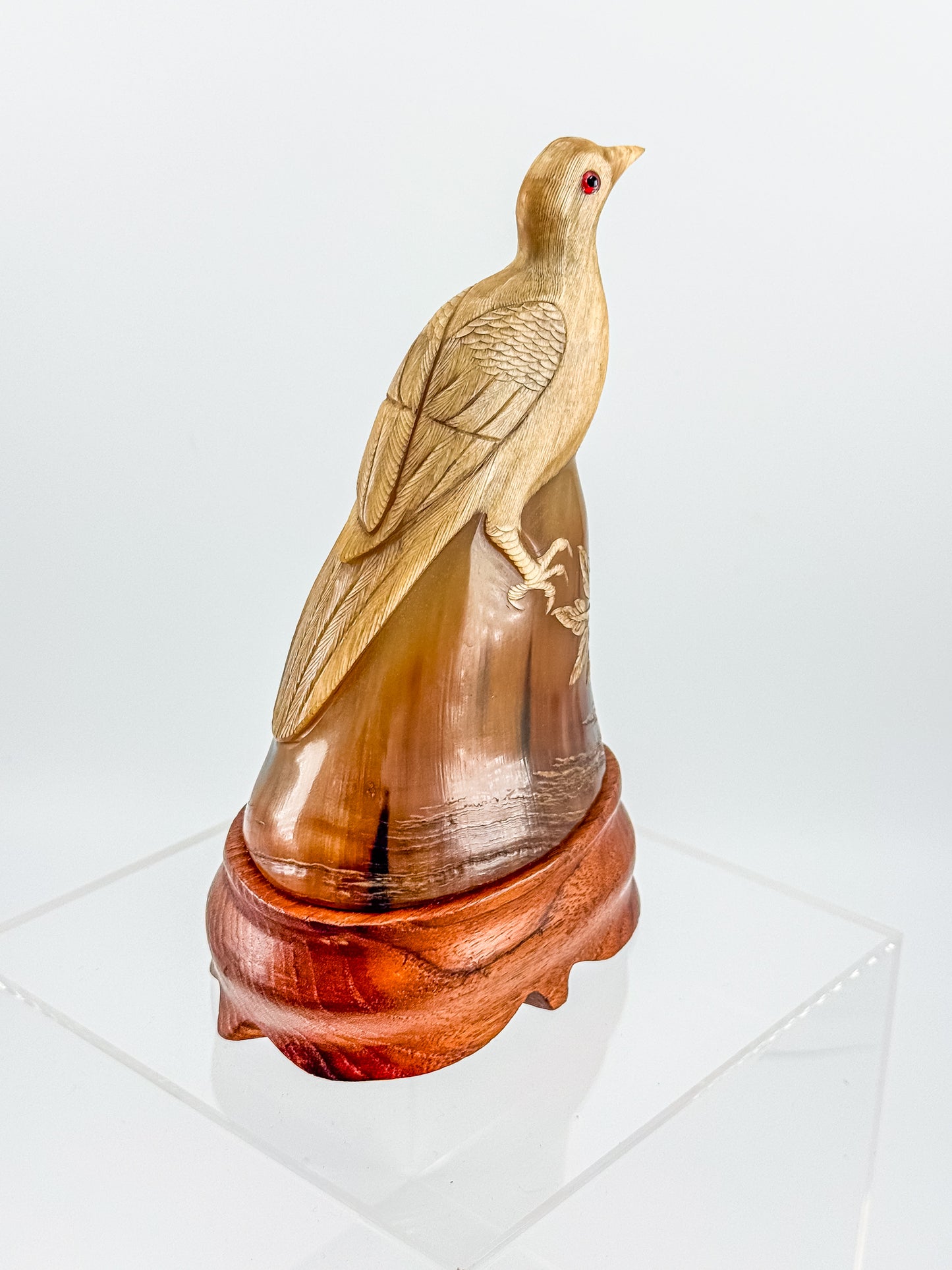 Vintage Hand-Carved Water Buffalo Horn Bird Sculpture on Wooden Base Red Eyes Folk Art
