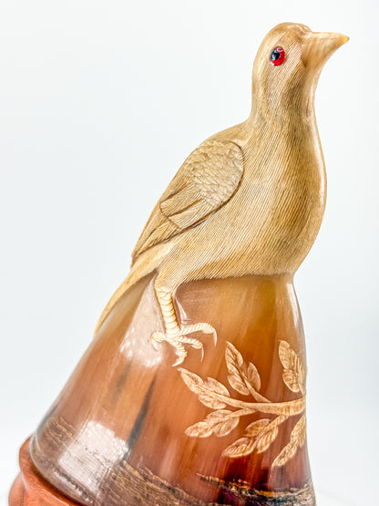 Vintage Hand-Carved Water Buffalo Horn Bird Sculpture on Wooden Base Red Eyes Folk Art