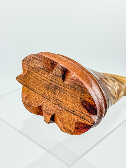 Vintage Hand-Carved Water Buffalo Horn Bird Sculpture on Wooden Base Red Eyes Folk Art