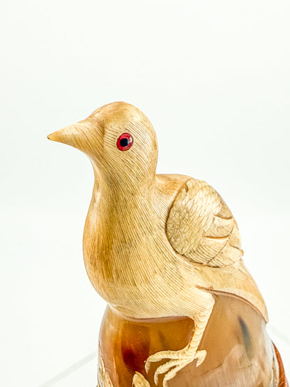 Vintage Hand-Carved Water Buffalo Horn Bird Sculpture on Wooden Base Red Eyes Folk Art