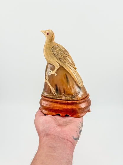Vintage Hand-Carved Water Buffalo Horn Bird Sculpture on Wooden Base Red Eyes Folk Art