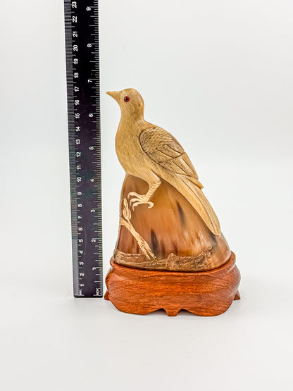 Vintage Hand-Carved Water Buffalo Horn Bird Sculpture on Wooden Base Red Eyes Folk Art