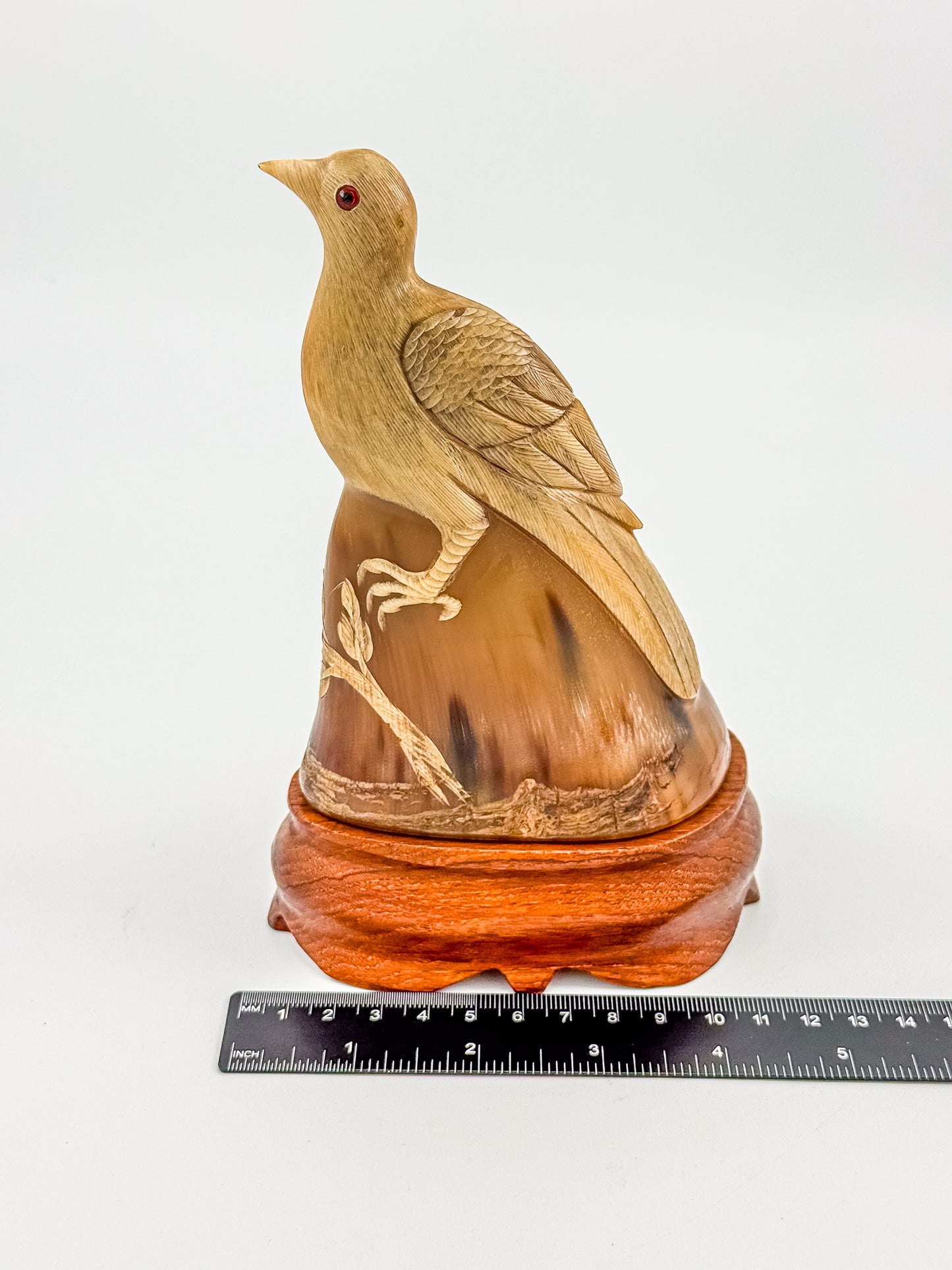 Vintage Hand-Carved Water Buffalo Horn Bird Sculpture on Wooden Base Red Eyes Folk Art