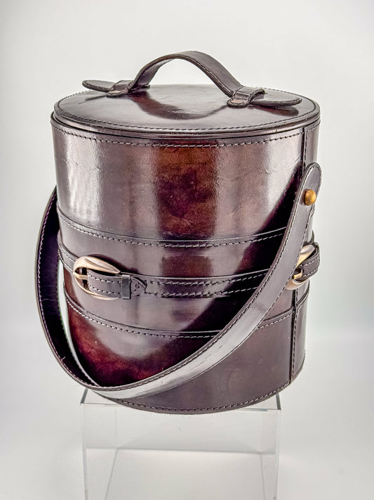 Vintage Brown Faux Leather Ice Bucket with Stainless Steel Liner Gold Buckle Mid Century Barware