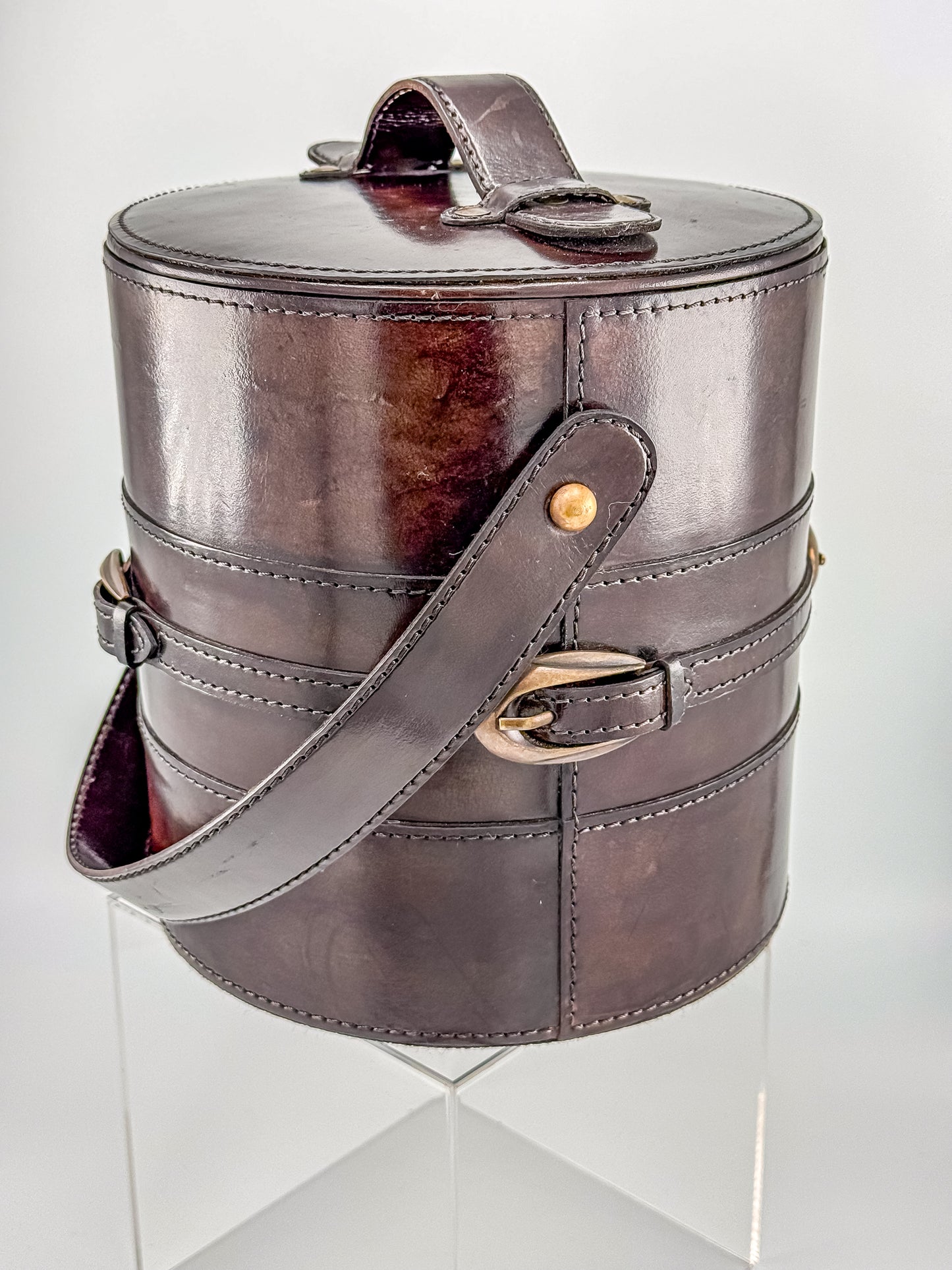 Vintage Brown Faux Leather Ice Bucket with Stainless Steel Liner Gold Buckle Mid Century Barware