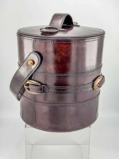 Vintage Brown Faux Leather Ice Bucket with Stainless Steel Liner Gold Buckle Mid Century Barware