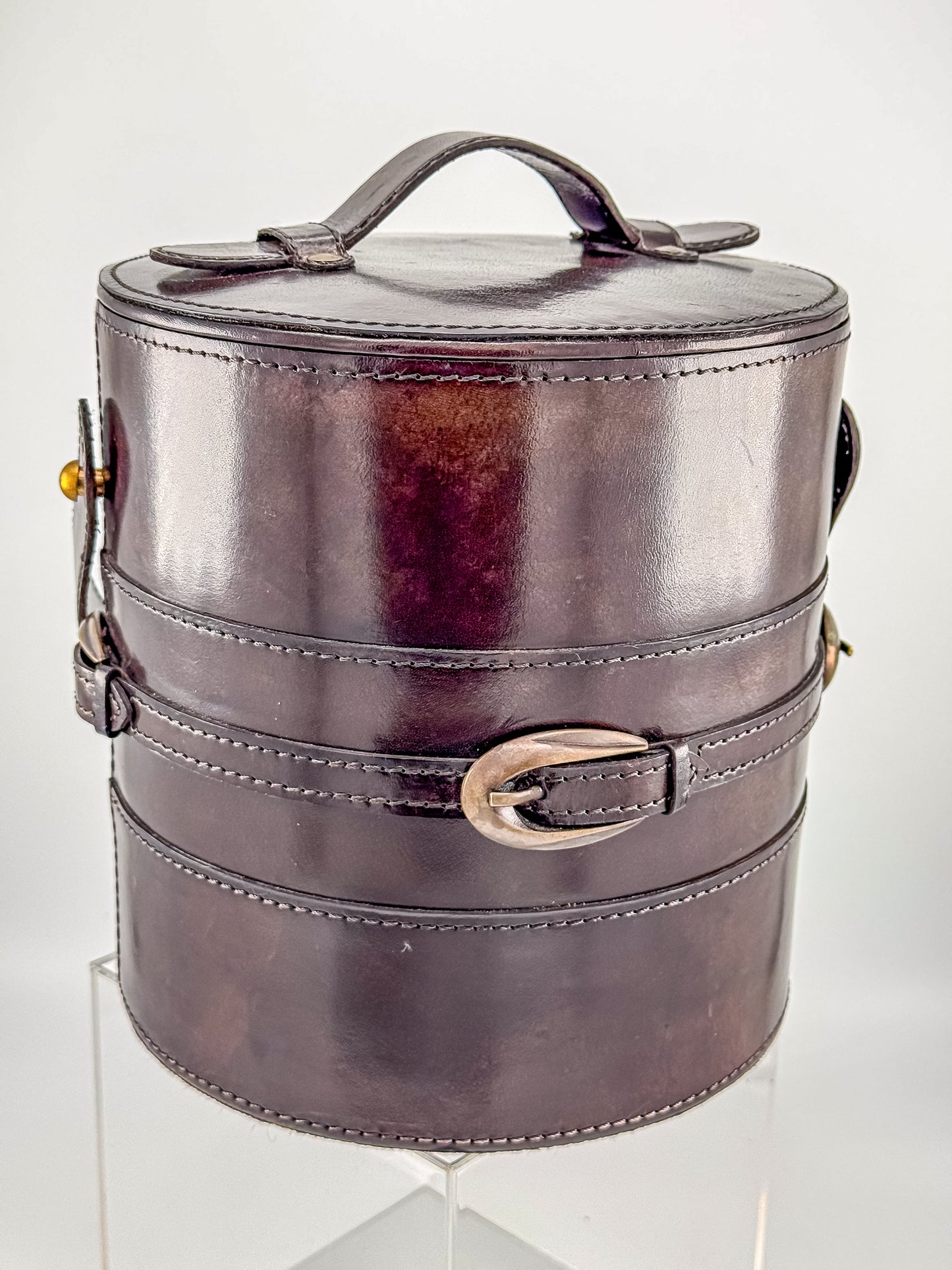 Vintage Brown Faux Leather Ice Bucket with Stainless Steel Liner Gold Buckle Mid Century Barware