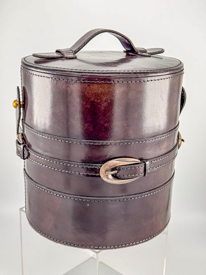 Vintage Brown Faux Leather Ice Bucket with Stainless Steel Liner Gold Buckle Mid Century Barware