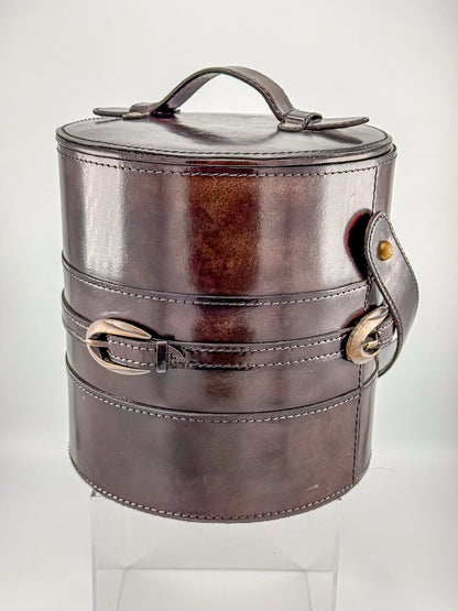 Vintage Brown Faux Leather Ice Bucket with Stainless Steel Liner Gold Buckle Mid Century Barware