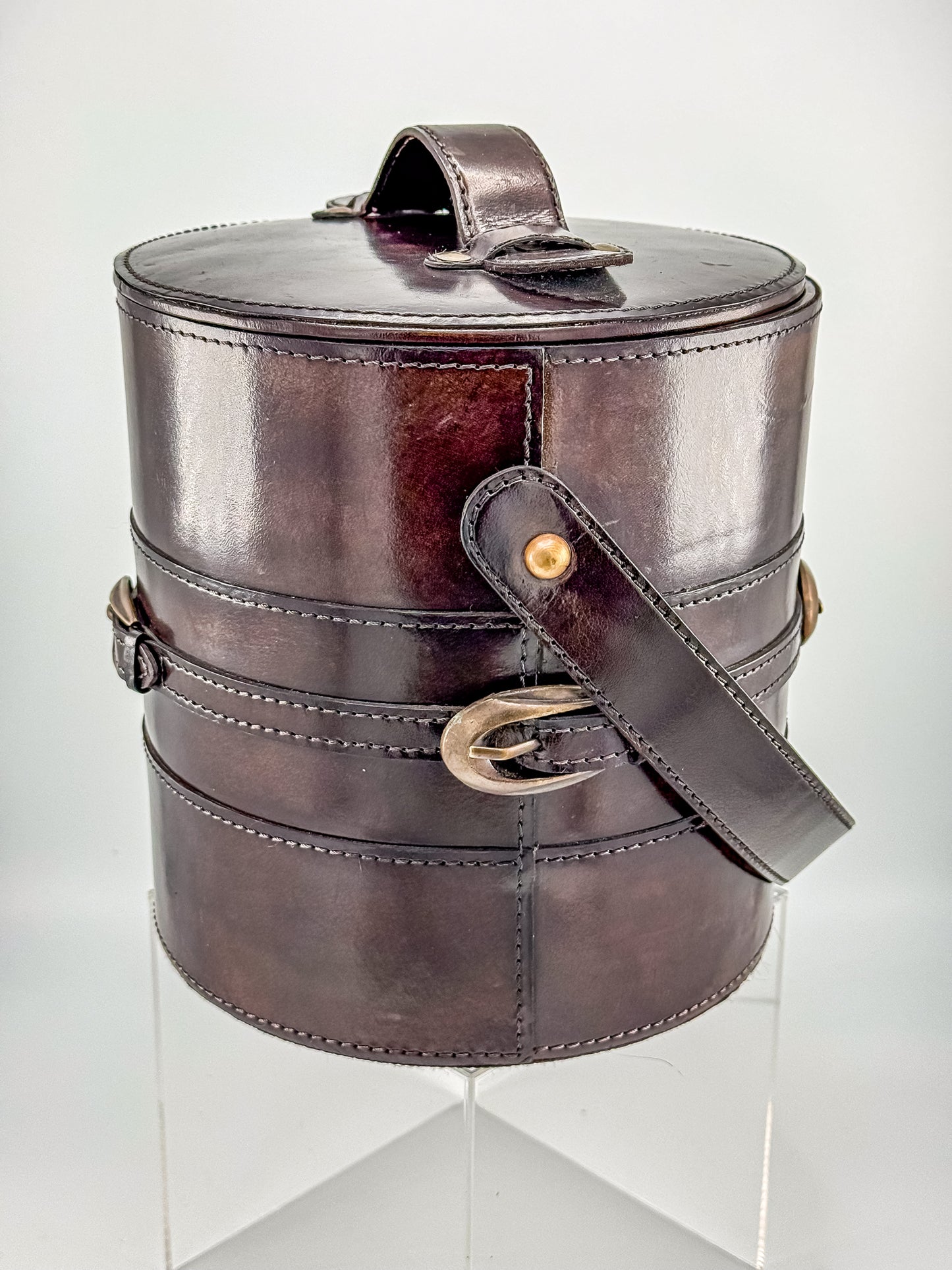 Vintage Brown Faux Leather Ice Bucket with Stainless Steel Liner Gold Buckle Mid Century Barware