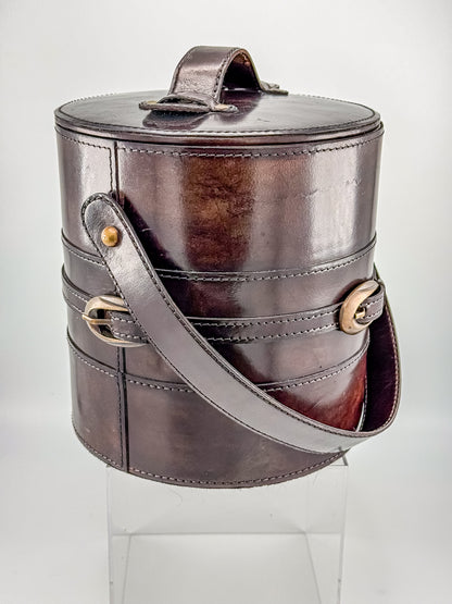 Vintage Brown Faux Leather Ice Bucket with Stainless Steel Liner Gold Buckle Mid Century Barware
