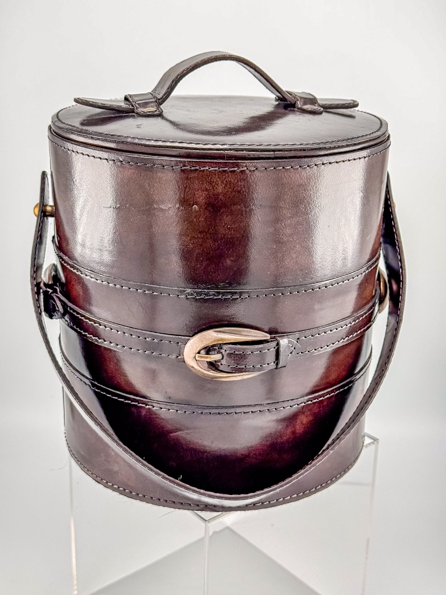 Vintage Brown Faux Leather Ice Bucket with Stainless Steel Liner Gold Buckle Mid Century Barware