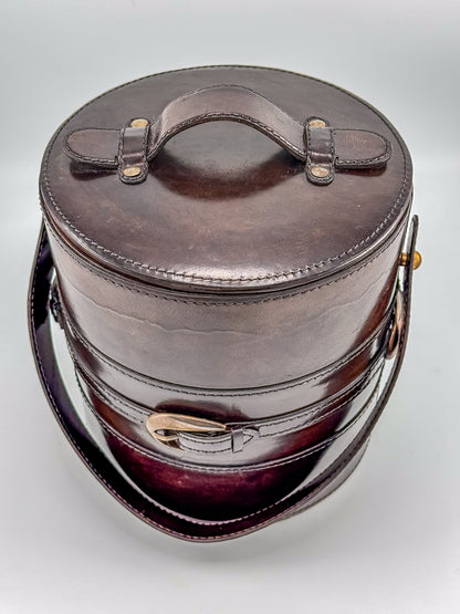 Vintage Brown Faux Leather Ice Bucket with Stainless Steel Liner Gold Buckle Mid Century Barware